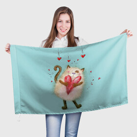 Флаг 3D с принтом Котик в Кировске, 100% полиэстер | плотность ткани — 95 г/м2, размер — 67 х 109 см. Принт наносится с одной стороны | 14 февраля | bear | love | teddy | валентин | влюбленный | киска | кот | котик | любовь | милый | рисунок | сердечко | сердце