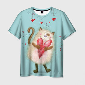 Мужская футболка 3D с принтом Котик в Кировске, 100% полиэфир | прямой крой, круглый вырез горловины, длина до линии бедер | 14 февраля | bear | love | teddy | валентин | влюбленный | киска | кот | котик | любовь | милый | рисунок | сердечко | сердце