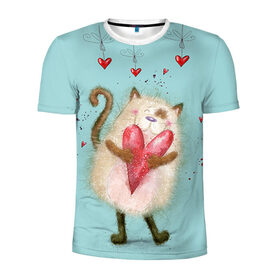 Мужская футболка 3D спортивная с принтом Котик в Кировске, 100% полиэстер с улучшенными характеристиками | приталенный силуэт, круглая горловина, широкие плечи, сужается к линии бедра | Тематика изображения на принте: 14 февраля | bear | love | teddy | валентин | влюбленный | киска | кот | котик | любовь | милый | рисунок | сердечко | сердце