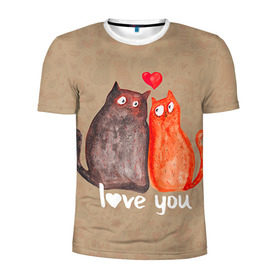Мужская футболка 3D спортивная с принтом Влюбленные котики в Кировске, 100% полиэстер с улучшенными характеристиками | приталенный силуэт, круглая горловина, широкие плечи, сужается к линии бедра | 14 февраля | bear | love | teddy | валентин | влюбленный | киска | кот | котик | любовь | милый | рисунок | сердечко | сердце