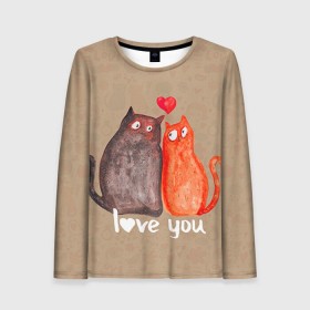 Женский лонгслив 3D с принтом Влюбленные котики в Кировске, 100% полиэстер | длинные рукава, круглый вырез горловины, полуприлегающий силуэт | 14 февраля | bear | love | teddy | валентин | влюбленный | киска | кот | котик | любовь | милый | рисунок | сердечко | сердце