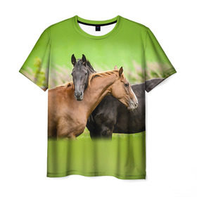 Мужская футболка 3D с принтом Лошади 2 в Кировске, 100% полиэфир | прямой крой, круглый вырез горловины, длина до линии бедер | horse | horseshoe | акварель | головалошади | грива | единорог | жеребец | животные | конь | лошадь | лошадьскрыльями | подкова | природа | рисуноккрасками