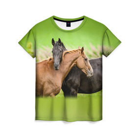 Женская футболка 3D с принтом Лошади 2 в Кировске, 100% полиэфир ( синтетическое хлопкоподобное полотно) | прямой крой, круглый вырез горловины, длина до линии бедер | horse | horseshoe | акварель | головалошади | грива | единорог | жеребец | животные | конь | лошадь | лошадьскрыльями | подкова | природа | рисуноккрасками