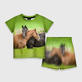 Детский костюм с шортами 3D с принтом Лошади 2 в Кировске,  |  | Тематика изображения на принте: horse | horseshoe | акварель | головалошади | грива | единорог | жеребец | животные | конь | лошадь | лошадьскрыльями | подкова | природа | рисуноккрасками