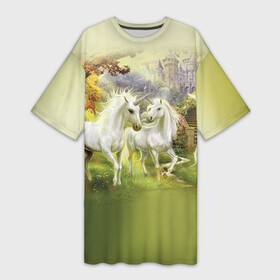 Платье-футболка 3D с принтом Единороги в Кировске,  |  | horse | horseshoe | акварель | головалошади | грива | единорог | жеребец | животные | конь | лошадь | лошадьскрыльями | подкова | природа | рисуноккрасками