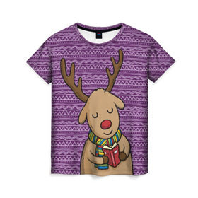 Женская футболка 3D с принтом Счастливый олень в Кировске, 100% полиэфир ( синтетическое хлопкоподобное полотно) | прямой крой, круглый вырез горловины, длина до линии бедер | зима | новый год | олень | подарки