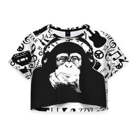 Женская футболка 3D укороченная с принтом Шимпанзе в наушниках в Кировске, 100% полиэстер | круглая горловина, длина футболки до линии талии, рукава с отворотами | джаз | музыка | обезьяна | рок | шимпанзе в наущниках