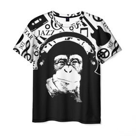 Мужская футболка 3D с принтом Шимпанзе в наушниках в Кировске, 100% полиэфир | прямой крой, круглый вырез горловины, длина до линии бедер | Тематика изображения на принте: джаз | музыка | обезьяна | рок | шимпанзе в наущниках