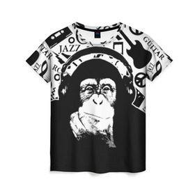 Женская футболка 3D с принтом Шимпанзе в наушниках в Кировске, 100% полиэфир ( синтетическое хлопкоподобное полотно) | прямой крой, круглый вырез горловины, длина до линии бедер | Тематика изображения на принте: джаз | музыка | обезьяна | рок | шимпанзе в наущниках