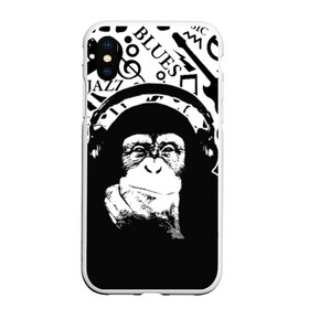 Чехол для iPhone XS Max матовый с принтом Шимпанзе в наушниках в Кировске, Силикон | Область печати: задняя сторона чехла, без боковых панелей | джаз | музыка | обезьяна | рок | шимпанзе в наущниках