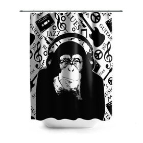Штора 3D для ванной с принтом Шимпанзе в наушниках в Кировске, 100% полиэстер | плотность материала — 100 г/м2. Стандартный размер — 146 см х 180 см. По верхнему краю — пластиковые люверсы для креплений. В комплекте 10 пластиковых колец | джаз | музыка | обезьяна | рок | шимпанзе в наущниках