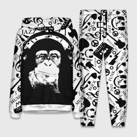 Женский костюм 3D (с толстовкой) с принтом Шимпанзе в наушниках в Кировске,  |  | джаз | музыка | обезьяна | рок | шимпанзе в наущниках