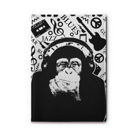 Обложка для автодокументов с принтом Шимпанзе в наушниках в Кировске, натуральная кожа |  размер 19,9*13 см; внутри 4 больших “конверта” для документов и один маленький отдел — туда идеально встанут права | джаз | музыка | обезьяна | рок | шимпанзе в наущниках