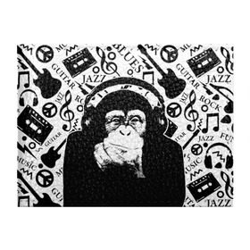 Обложка для студенческого билета с принтом Шимпанзе в наушниках в Кировске, натуральная кожа | Размер: 11*8 см; Печать на всей внешней стороне | джаз | музыка | обезьяна | рок | шимпанзе в наущниках