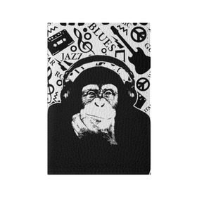 Обложка для паспорта матовая кожа с принтом Шимпанзе в наушниках в Кировске, натуральная матовая кожа | размер 19,3 х 13,7 см; прозрачные пластиковые крепления | джаз | музыка | обезьяна | рок | шимпанзе в наущниках