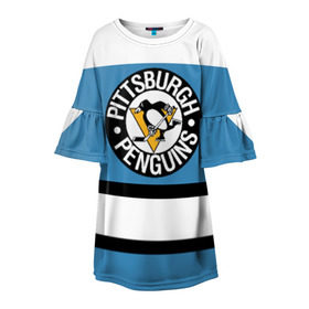 Детское платье 3D с принтом Pittsburgh Penguins blue в Кировске, 100% полиэстер | прямой силуэт, чуть расширенный к низу. Круглая горловина, на рукавах — воланы | Тематика изображения на принте: hockey | nhl | pittsburgh penguins | нхл | хоккей
