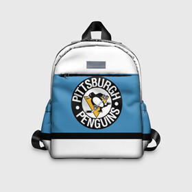 Детский рюкзак 3D с принтом Pittsburgh Penguins blue в Кировске, 100% полиэстер | лямки с регулируемой длиной, сверху петелька, чтобы рюкзак можно было повесить на вешалку. Основное отделение закрывается на молнию, как и внешний карман. Внутри дополнительный карман. По бокам два дополнительных кармашка | Тематика изображения на принте: hockey | nhl | pittsburgh penguins | нхл | хоккей
