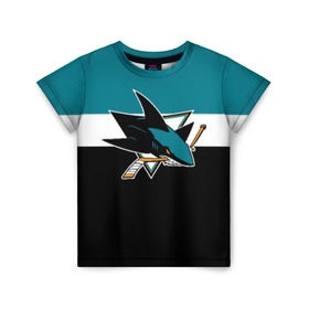 Детская футболка 3D с принтом San Jose Sharks в Кировске, 100% гипоаллергенный полиэфир | прямой крой, круглый вырез горловины, длина до линии бедер, чуть спущенное плечо, ткань немного тянется | Тематика изображения на принте: hockey | nhl | san jose sharks | нхл | спорт | хоккей