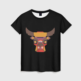 Женская футболка 3D с принтом Голова быка в Кировске, 100% полиэфир ( синтетическое хлопкоподобное полотно) | прямой крой, круглый вырез горловины, длина до линии бедер | бык | голова | мозаика | рога | узор