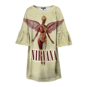 Детское платье 3D с принтом Nirvana в Кировске, 100% полиэстер | прямой силуэт, чуть расширенный к низу. Круглая горловина, на рукавах — воланы | Тематика изображения на принте: cobain | curt | nirvana | rock | группа | кобейн | курт | нирвана | рок