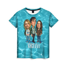 Женская футболка 3D с принтом Шаржи группа Nirvana в Кировске, 100% полиэфир ( синтетическое хлопкоподобное полотно) | прямой крой, круглый вырез горловины, длина до линии бедер | cobain | curt | nirvana | rock | группа | кобейн | курт | нирвана | рок