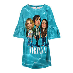 Детское платье 3D с принтом Шаржи группа Nirvana в Кировске, 100% полиэстер | прямой силуэт, чуть расширенный к низу. Круглая горловина, на рукавах — воланы | Тематика изображения на принте: cobain | curt | nirvana | rock | группа | кобейн | курт | нирвана | рок