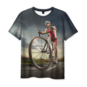 Мужская футболка 3D с принтом Велогонщик в Кировске, 100% полиэфир | прямой крой, круглый вырез горловины, длина до линии бедер | extreme | вело | велосипед | шоссейный велосипед | экстрим