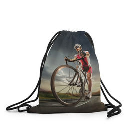 Рюкзак-мешок 3D с принтом Велогонщик в Кировске, 100% полиэстер | плотность ткани — 200 г/м2, размер — 35 х 45 см; лямки — толстые шнурки, застежка на шнуровке, без карманов и подкладки | extreme | вело | велосипед | шоссейный велосипед | экстрим