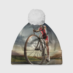 Шапка 3D c помпоном с принтом Велогонщик в Кировске, 100% полиэстер | универсальный размер, печать по всей поверхности изделия | extreme | вело | велосипед | шоссейный велосипед | экстрим