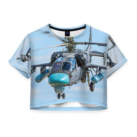Женская футболка 3D укороченная с принтом КА 52 в Кировске, 100% полиэстер | круглая горловина, длина футболки до линии талии, рукава с отворотами | авиация | аллигатор | армия | боевой | ввс | вертолет | военная техника | ка 52 | ударный | черная акула