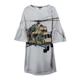 Детское платье 3D с принтом МИ 8 в Кировске, 100% полиэстер | прямой силуэт, чуть расширенный к низу. Круглая горловина, на рукавах — воланы | Тематика изображения на принте: авиация | армия | ввс | вертолет | военная техника | ми 8 | ударный