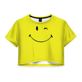 Женская футболка 3D укороченная с принтом Смайл в Кировске, 100% полиэстер | круглая горловина, длина футболки до линии талии, рукава с отворотами | emoji | smile | жёлтый | смайл | смайлик | улыбка | эмодзи | эмоции