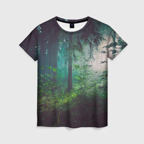 Женская футболка 3D с принтом Таинственный лес в Кировске, 100% полиэфир ( синтетическое хлопкоподобное полотно) | прямой крой, круглый вырез горловины, длина до линии бедер | деревья | зелень | на макете изображен таинственный зеленый леслес
