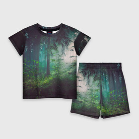 Детский костюм с шортами 3D с принтом Таинственный лес в Кировске,  |  | деревья | зелень | на макете изображен таинственный зеленый леслес