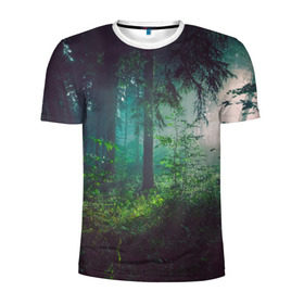 Мужская футболка 3D спортивная с принтом Таинственный лес в Кировске, 100% полиэстер с улучшенными характеристиками | приталенный силуэт, круглая горловина, широкие плечи, сужается к линии бедра | Тематика изображения на принте: деревья | зелень | на макете изображен таинственный зеленый леслес