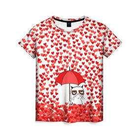 Женская футболка 3D с принтом Сердцепад в Кировске, 100% полиэфир ( синтетическое хлопкоподобное полотно) | прямой крой, круглый вырез горловины, длина до линии бедер | зонтик | кот | сердитый | сердца | сердцепад