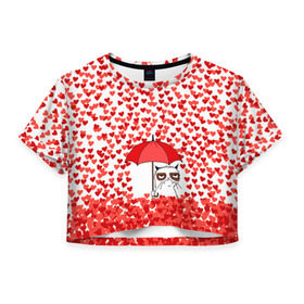 Женская футболка 3D укороченная с принтом Сердцепад в Кировске, 100% полиэстер | круглая горловина, длина футболки до линии талии, рукава с отворотами | зонтик | кот | сердитый | сердца | сердцепад