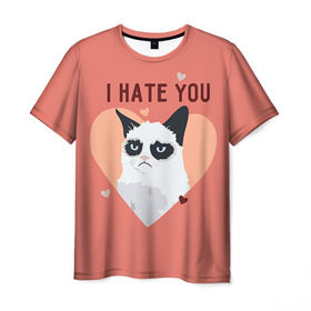 Мужская футболка 3D с принтом I hate you в Кировске, 100% полиэфир | прямой крой, круглый вырез горловины, длина до линии бедер | 14 февраля | cat | i hate you | день святого валентина | кот | ненавижу 14 февраля | сердечки