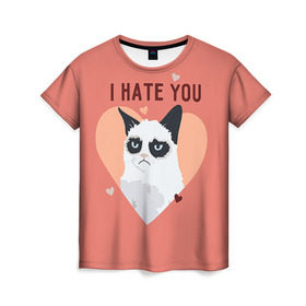 Женская футболка 3D с принтом I hate you в Кировске, 100% полиэфир ( синтетическое хлопкоподобное полотно) | прямой крой, круглый вырез горловины, длина до линии бедер | 14 февраля | cat | i hate you | день святого валентина | кот | ненавижу 14 февраля | сердечки