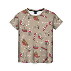 Женская футболка 3D с принтом Зимнее настроение в Кировске, 100% полиэфир ( синтетическое хлопкоподобное полотно) | прямой крой, круглый вырез горловины, длина до линии бедер | воробей | зима | конфеты | новый год | снежинки