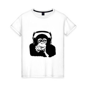 Женская футболка хлопок с принтом Обезьяна в наушниках в Кировске, 100% хлопок | прямой крой, круглый вырез горловины, длина до линии бедер, слегка спущенное плечо | 2016 | наушники | обезьяна | символ | шимпанзе