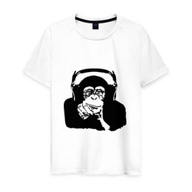 Мужская футболка хлопок с принтом Обезьяна в наушниках в Кировске, 100% хлопок | прямой крой, круглый вырез горловины, длина до линии бедер, слегка спущенное плечо. | 2016 | наушники | обезьяна | символ | шимпанзе