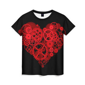 Женская футболка 3D с принтом Механическое сердце в Кировске, 100% полиэфир ( синтетическое хлопкоподобное полотно) | прямой крой, круглый вырез горловины, длина до линии бедер | контраст | любовь | механическое | сердце | шестеренки