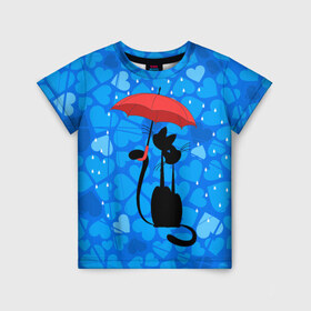 Детская футболка 3D с принтом Под зонтом в Кировске, 100% гипоаллергенный полиэфир | прямой крой, круглый вырез горловины, длина до линии бедер, чуть спущенное плечо, ткань немного тянется | дождь | кот | кошка | любовь | под зонтом | сердца
