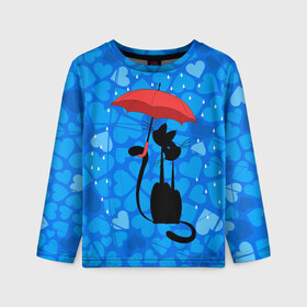 Детский лонгслив 3D с принтом Под зонтом в Кировске, 100% полиэстер | длинные рукава, круглый вырез горловины, полуприлегающий силуэт
 | Тематика изображения на принте: дождь | кот | кошка | любовь | под зонтом | сердца