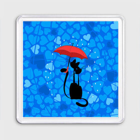 Магнит 55*55 с принтом Под зонтом в Кировске, Пластик | Размер: 65*65 мм; Размер печати: 55*55 мм | Тематика изображения на принте: дождь | кот | кошка | любовь | под зонтом | сердца