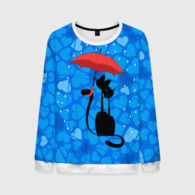 Мужской свитшот 3D с принтом Под зонтом в Кировске, 100% полиэстер с мягким внутренним слоем | круглый вырез горловины, мягкая резинка на манжетах и поясе, свободная посадка по фигуре | дождь | кот | кошка | любовь | под зонтом | сердца
