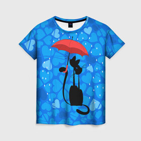 Женская футболка 3D с принтом Под зонтом в Кировске, 100% полиэфир ( синтетическое хлопкоподобное полотно) | прямой крой, круглый вырез горловины, длина до линии бедер | Тематика изображения на принте: дождь | кот | кошка | любовь | под зонтом | сердца