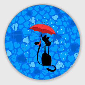 Коврик круглый с принтом Под зонтом в Кировске, резина и полиэстер | круглая форма, изображение наносится на всю лицевую часть | дождь | кот | кошка | любовь | под зонтом | сердца