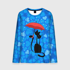 Мужской лонгслив 3D с принтом Под зонтом в Кировске, 100% полиэстер | длинные рукава, круглый вырез горловины, полуприлегающий силуэт | Тематика изображения на принте: дождь | кот | кошка | любовь | под зонтом | сердца
